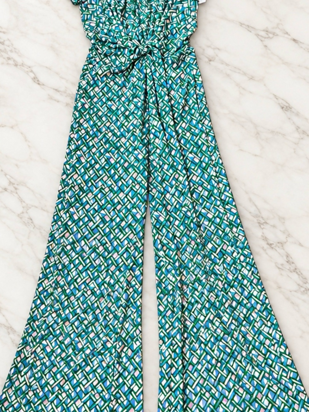 Vince Camuto Teal Geometric Tie-Waist Wide-Leg Jumpsuit